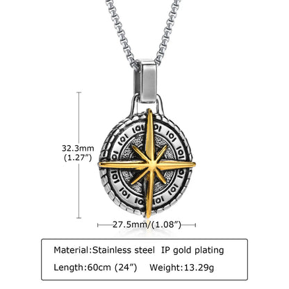 Vintage Compass Pendant Necklaces for Men Boys, Stainless Steel Coin Necklace, Rock Hiphop Collar Graduation Guide Gift