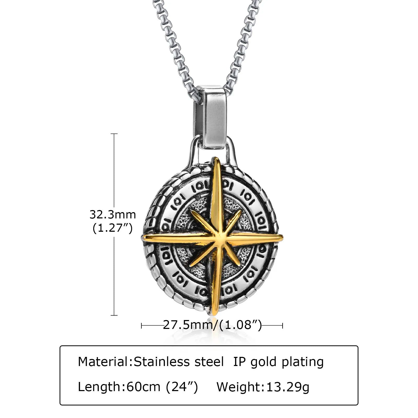 Vintage Compass Pendant Necklaces for Men Boys, Stainless Steel Coin Necklace, Rock Hiphop Collar Graduation Guide Gift - PN-