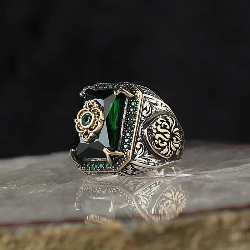 Retro Handmade Turkish Signet Ring for Men Vintage Silver Color Carving Pattern Inlay Green Zircon Party Punk Motor Biker Rin