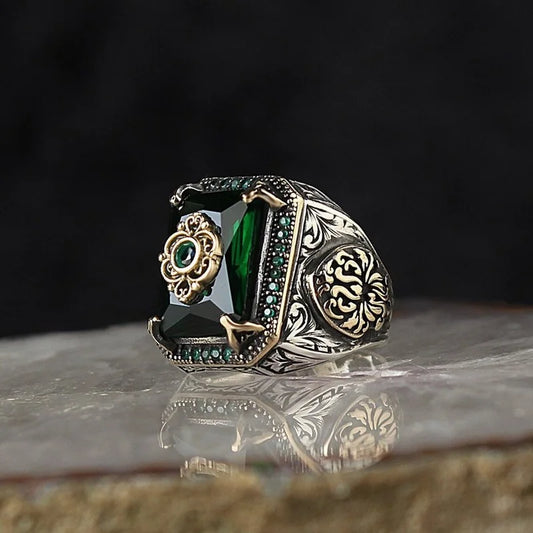 Retro Handmade Turkish Signet Ring for Men Vintage Silver Color Carving Pattern Inlay Green Zircon Party Punk Motor Biker Rin