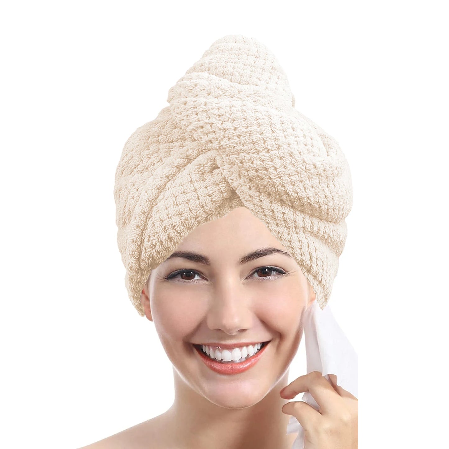 Solid Color Hair Towel Textured Dry Hair Cap 9.8' X 25.5' Absorbent Hair Towel Wrap for Button-Down Women - Beige