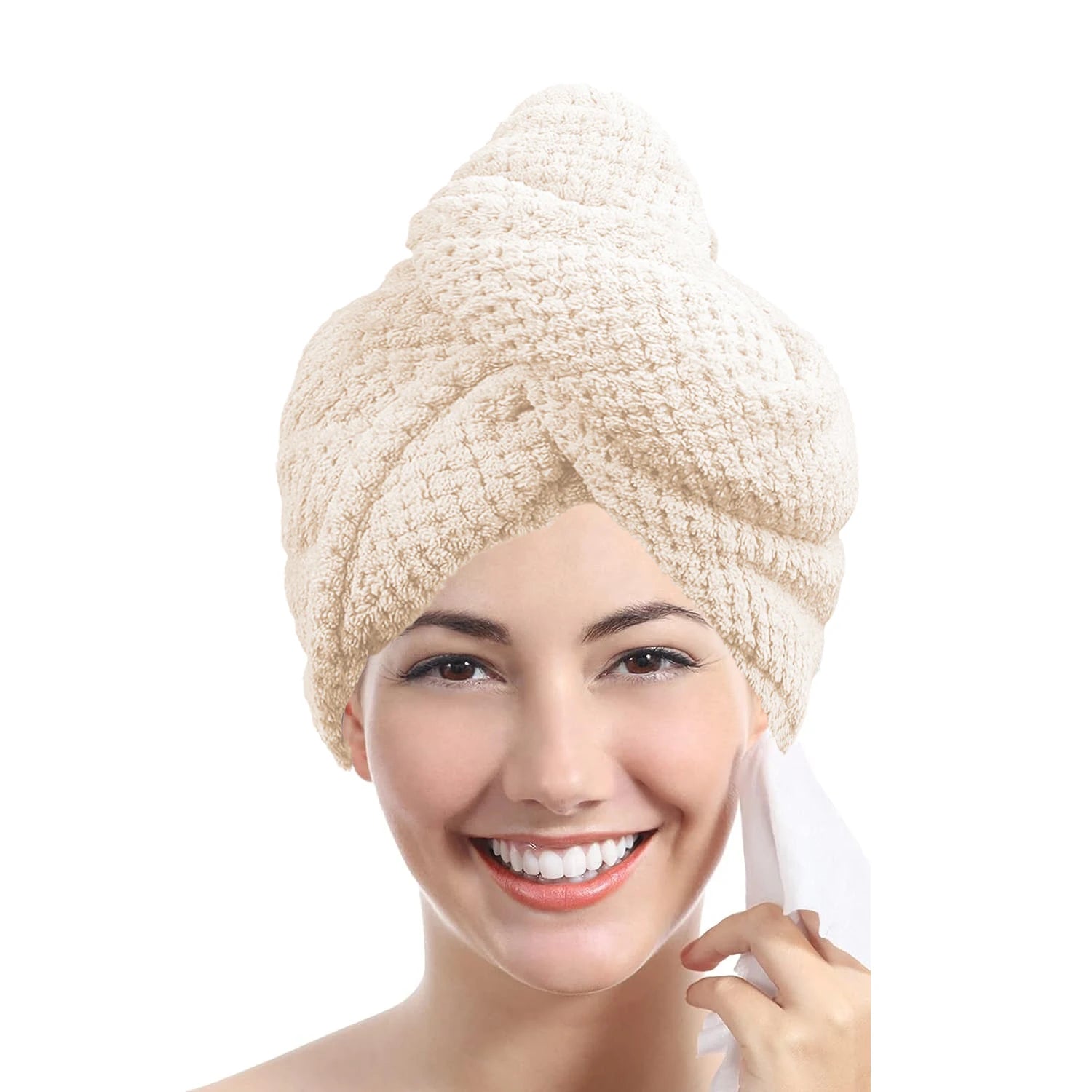 Solid Color Hair Towel Textured Dry Hair Cap 9.8' X 25.5' Absorbent Hair Towel Wrap for Button-Down Women - Beige