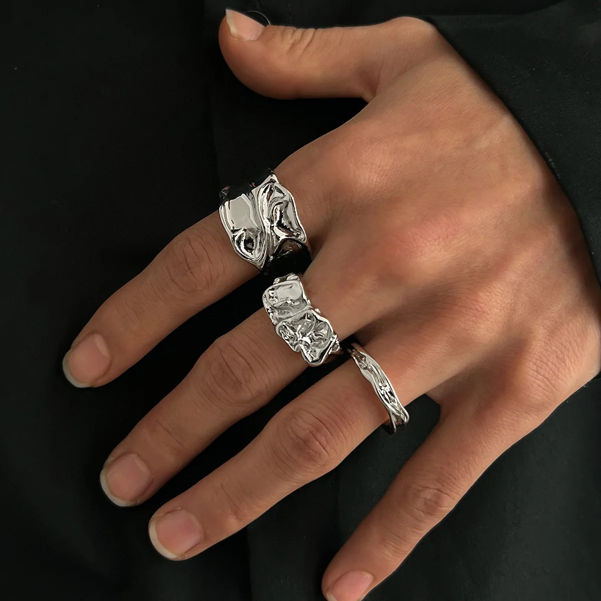 3pcs/set Punk Chunky Irregular Rings For Men Women Geometric Adjustable Liquid Metal Open Finger Rings Statement Jewelry Girl