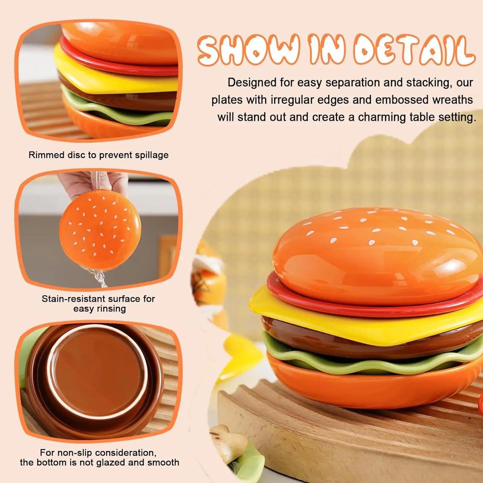 Stackable Hamburger Plate Set Burger 6 Layers Dinner Plate High Value Bone Spit Plate Funny Sauce Containers Table Decor