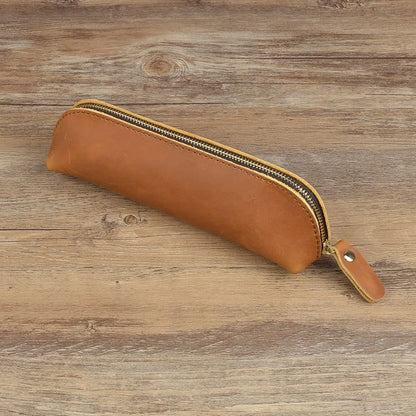 Vintage Leather Pencil Bag Simple Stationery Hoder Pen Case Storage Bag Zipper Pencil Pouch Glasses Box School Supplies - Lig