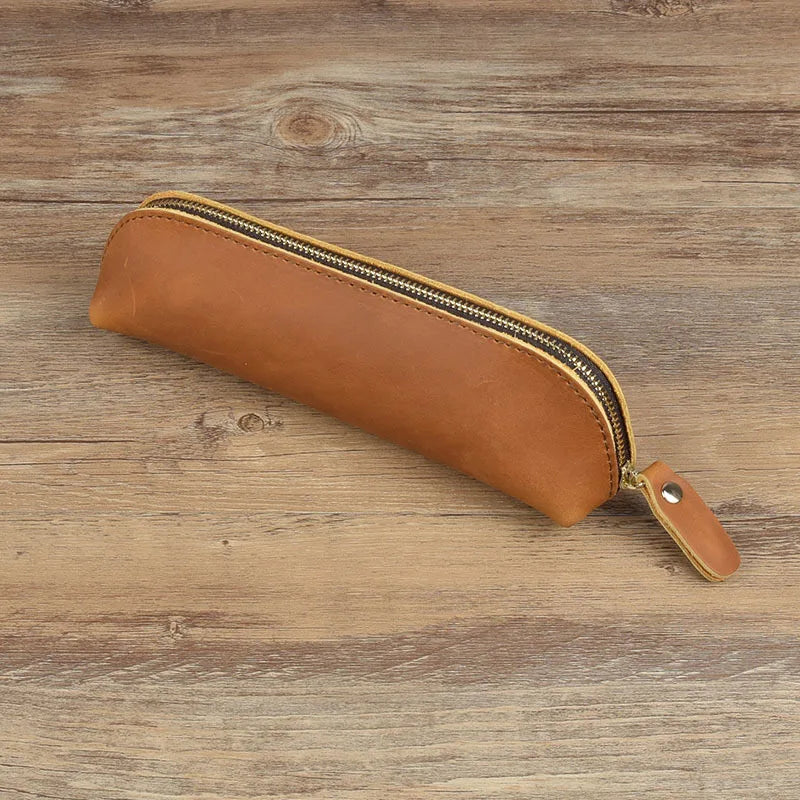 Vintage Leather Pencil Bag Simple Stationery Hoder Pen Case Storage Bag Zipper Pencil Pouch Glasses Box School Supplies - Lig
