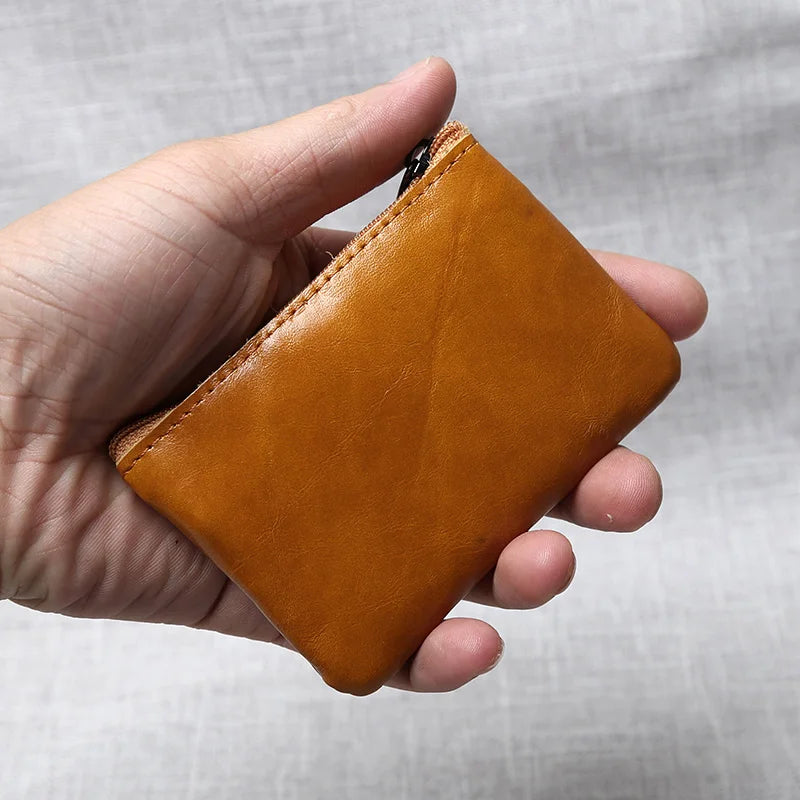 Leather Mini Coin Purse Unisex Simple Portable First Layer Cowhide Retro Handmade Zipper Small Wallet Key Case - Brownish Yel