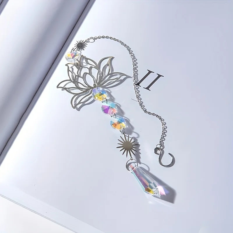 1PcMetalLotusandArtificial Crystal Suncatcher Charm Handmade Applicable Home Wind Chime Pendant Outdoor Garden Plant Decorati