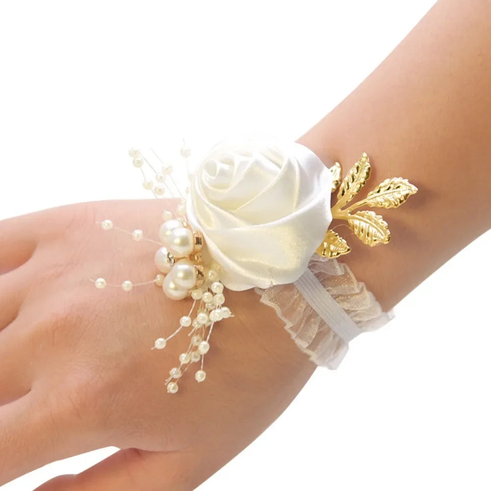 Bridesmaid Wrist Flowers Rose Corsage Pearl Polyester Ribbon Bracelet Wedding Accessories