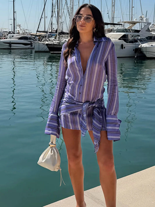 Stripe Wrap Tie Shirt Mini Dress Lapel Collar Long Flare Sleeve Loose Casual Dresses 2026 Summer Beach Vacation Fashion Outfi