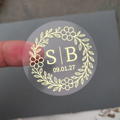 50 X Foiled Wedding Monogram Initials Stickers, Personalised Wedding Favour Labels, Custom Shiny Foil Gold Transparent