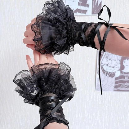 1 Pair Women Lolita Jk Lace Fingerless Gloves Black Gothic Fake Sleeves Trendy Elastic Long Lace Arm Sleeves Clothes Decorati