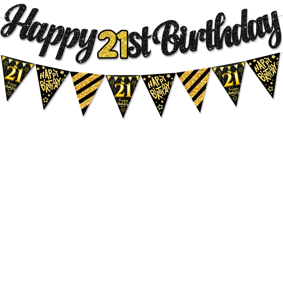 Black Gold Happy 21 30 40 50 60 70th 80th 90th Birthday Banner Garland Hanging for DIY Adult Party Decoration