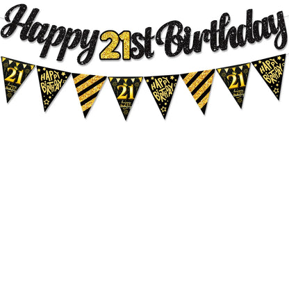 Black Gold Happy 21 30 40 50 60 70th 80th 90th Birthday Banner Garland Hanging for DIY Adult Party Decoration