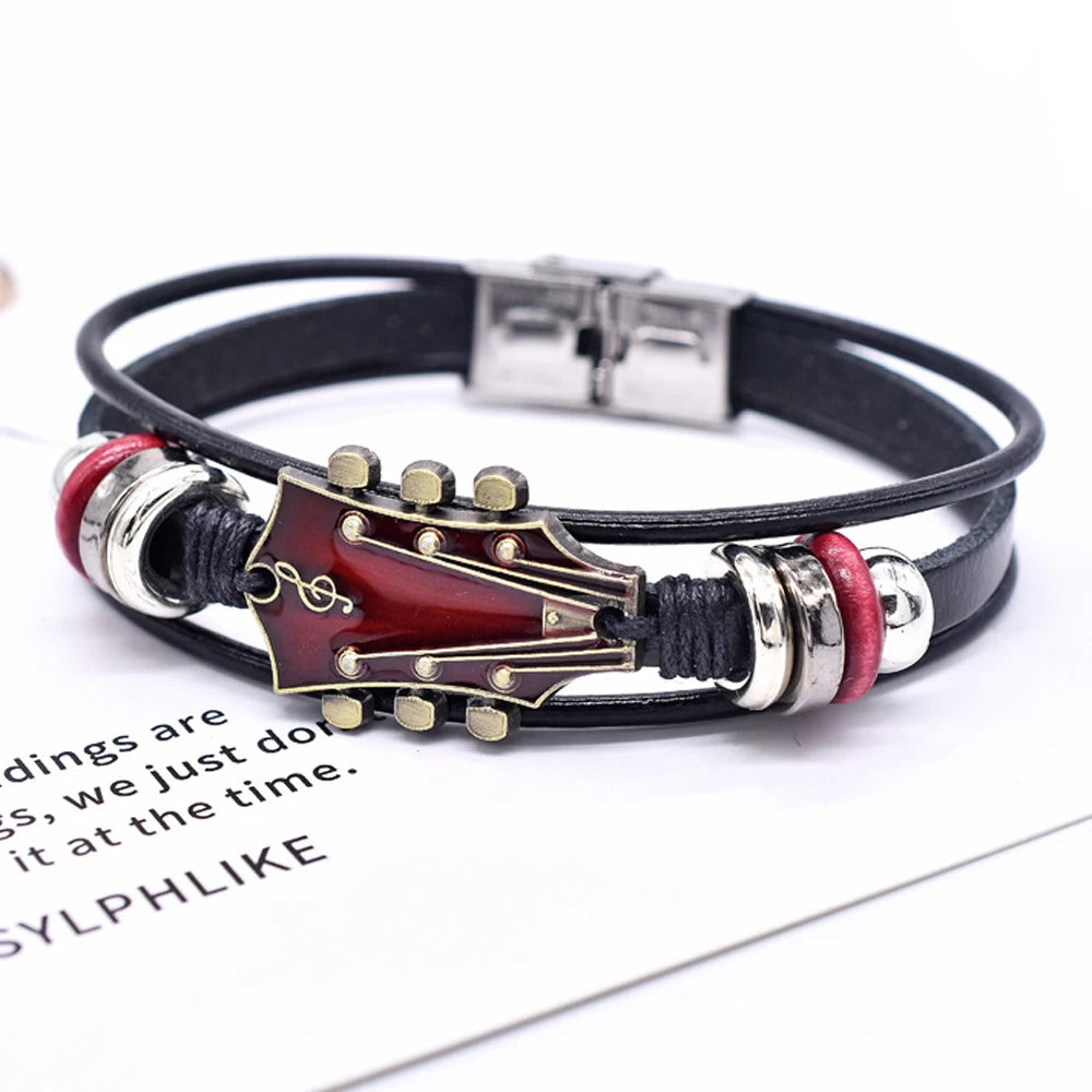 Retro Faux Leather Guitar Bracelet, Punk Rock Music Guitar Genuine Leather Bracelet, Handmade Braided Multi-Layer Wrap Bracel