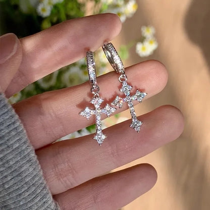 Shiny Rhinestone Zircon Cross Earrings For Women Korean Fashion Stainless Steel Earring Daily Birthday Party Y2K Jewelry Gift