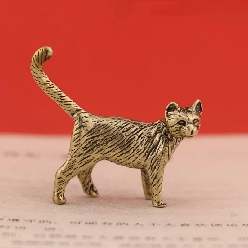 Creative Retro Brass Little Pet Cat Statue Interesting Mini Long-Tailed Cat Tabletop Ornament Miniature Home Decor Crafts Gif