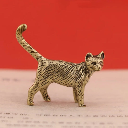 Creative Retro Brass Little Pet Cat Statue Interesting Mini Long-Tailed Cat Tabletop Ornament Miniature Home Decor Crafts Gif