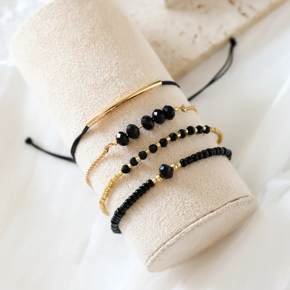 4Pcs/Set Fashion Black Glass Stone Bracelets For Women Boho Handmade Jewelry Accessories