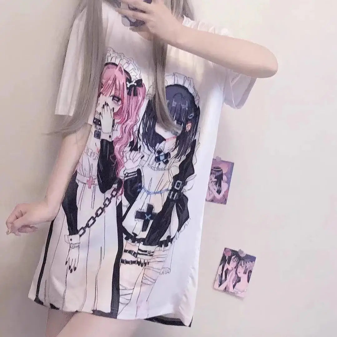 KOSAHIKI Y2k Aesthetic Cute Cartoon Print Round Neck Short-sleeved T-shirt Women 2026 Casual Loose Top Japanese Kawaii Tees