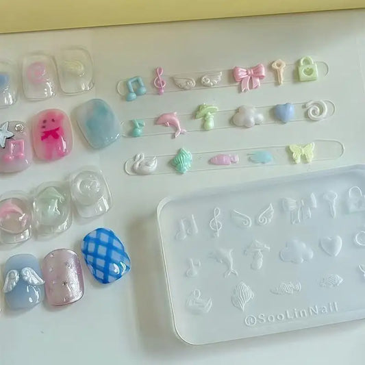 1PC Nail Art Decoration Nails Templates Cartoon Puppy Bowknot Manicure Design Tools Y2k Dolphin Musical Note Silicone Nail Mo