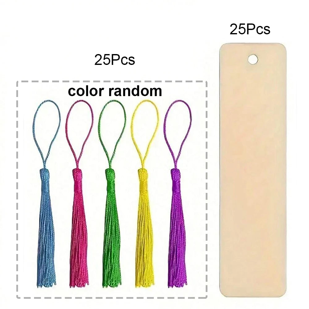 10/30/50/70Pcs Wooden Blank Bookmarks with Tassels Set DIY Wooden Craft Bookmarks Square Tag Wedding Birthday Party Decor - 5