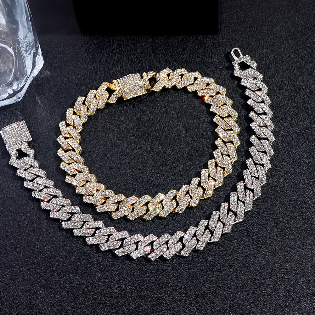 14MM Iced Prong Link Cuban Chain Bracelets for Men Women Full Rhinestones Chunky Miami Cuban Bracelet Punk Hip Hop Jewelry Gi