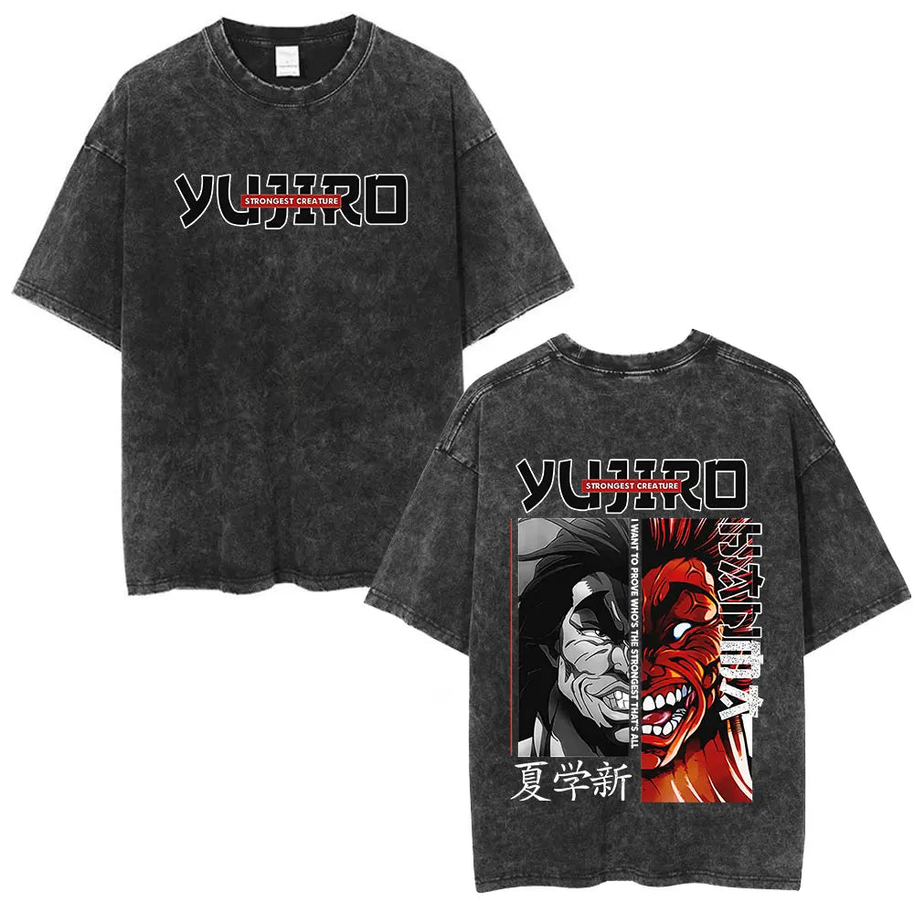 Vintage Washed T Shirt Anime Baki The Grappler T-shirt Hanma Yujiro Gym Short Sleeve T-shirts Oversized Cotton Casual Tee Shi
