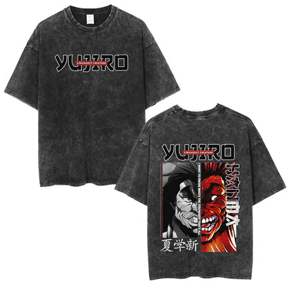 Vintage Washed T Shirt Anime Baki The Grappler T-shirt Hanma Yujiro Gym Short Sleeve T-shirts Oversized Cotton Casual Tee Shi