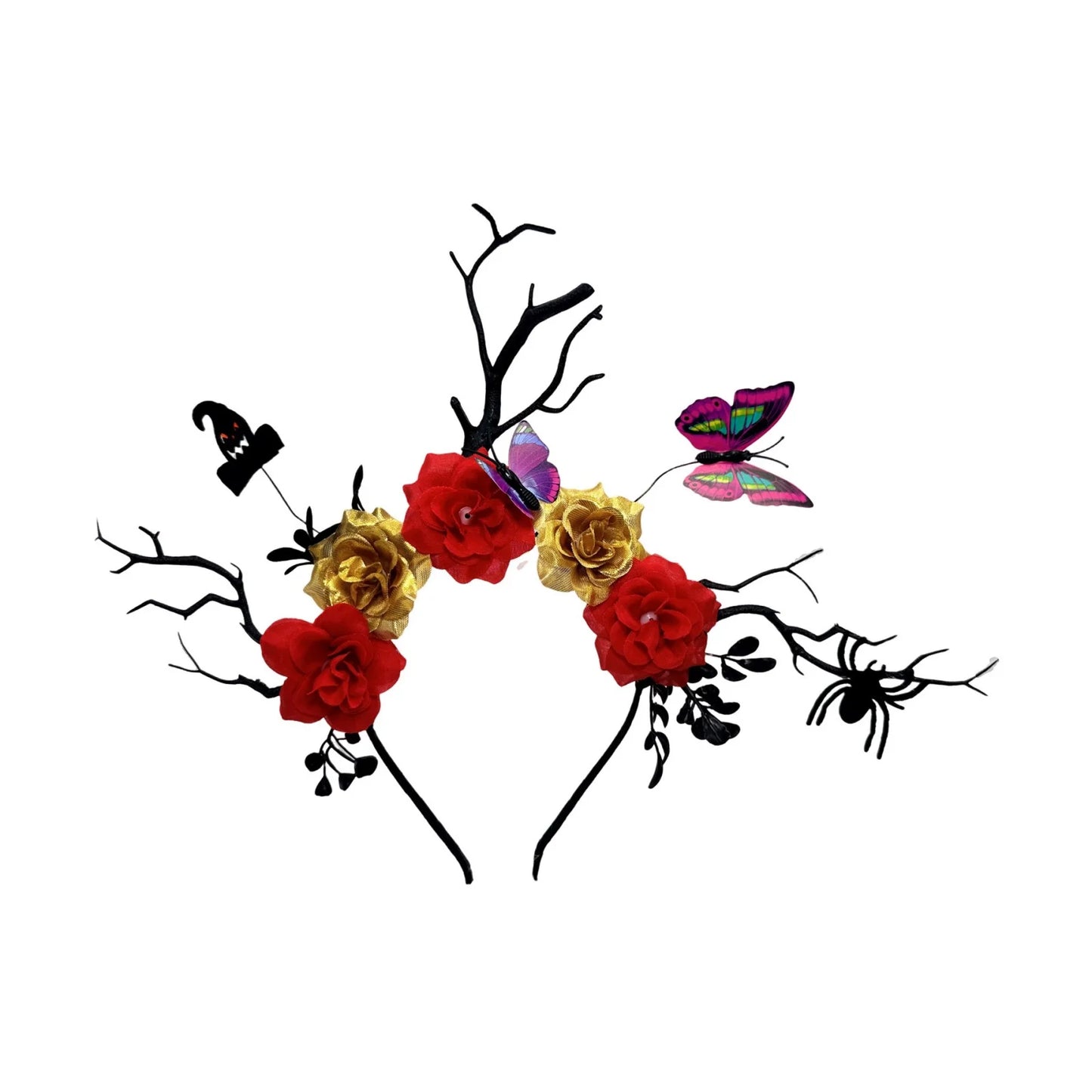 1PC Halloween Gothic Headpiece, Branches/Roses/Butterflies/Bats/Spider, Spooky Festive Hair Decor - red and black flower