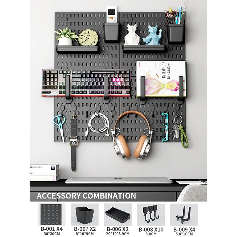 Home Office Pegboard Wall Storage Panel, PP Plastic Hole Board with Multi Hooks Shelf for Study Desk Stationery, Black White 