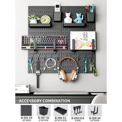 Home Office Pegboard Wall Storage Panel, PP Plastic Hole Board with Multi Hooks Shelf for Study Desk Stationery, Black White