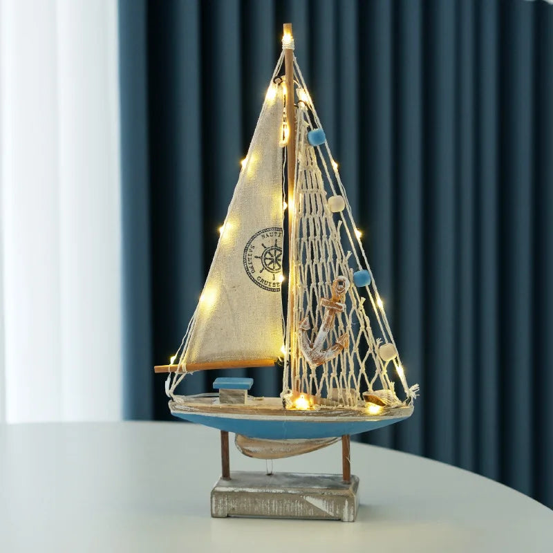 Retro Mediterranean Style Wooden LED Sailing Boat Model Creative Ocean Style Desktop Ornament Crafts Small Boat Home Decor Gi