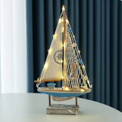 Retro Mediterranean Style Wooden LED Sailing Boat Model Creative Ocean Style Desktop Ornament Crafts Small Boat Home Decor Gi