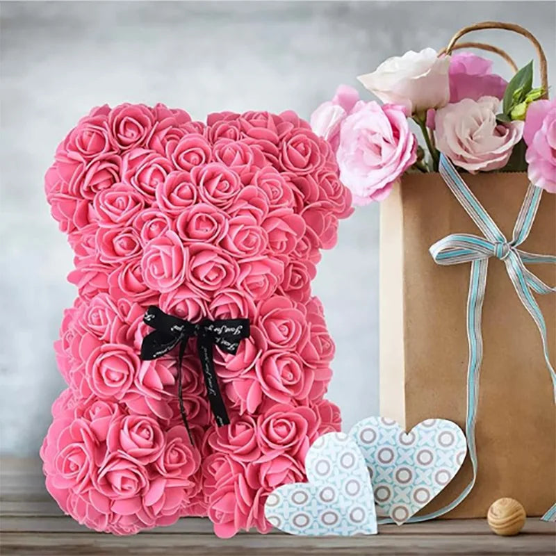 25cm Artificial Teddy Rose Flower Bear with Box Romantic Valentines Day Gift Girlfriend Women Anniversary Wedding Party Suppl