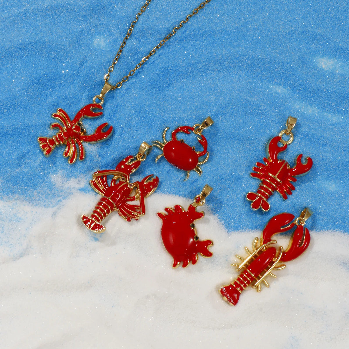 2 PCs Brass Ocean Series Lobster Jewelry Pendants 18K Gold Plated Red Enamel Crab Charms With Buttons For Necklace DIY Findin