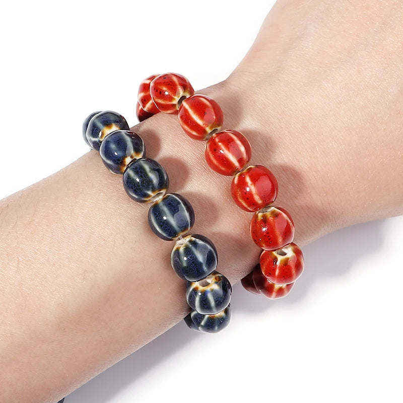 1 Strand Pumpkin Shape Stripe Ceramics Beads Colorful Floral Glaze Beads for Jewelry Making DIY Loose Spacer Beads Accessorie