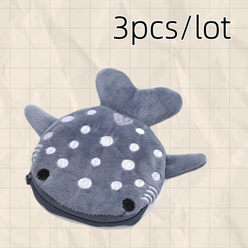 New Cartoon Shark Plush Coin Purse Cute Coin Holder with Keyring Data Cable Organiser Zippered Pouch Small Gift - 3pcs Gray