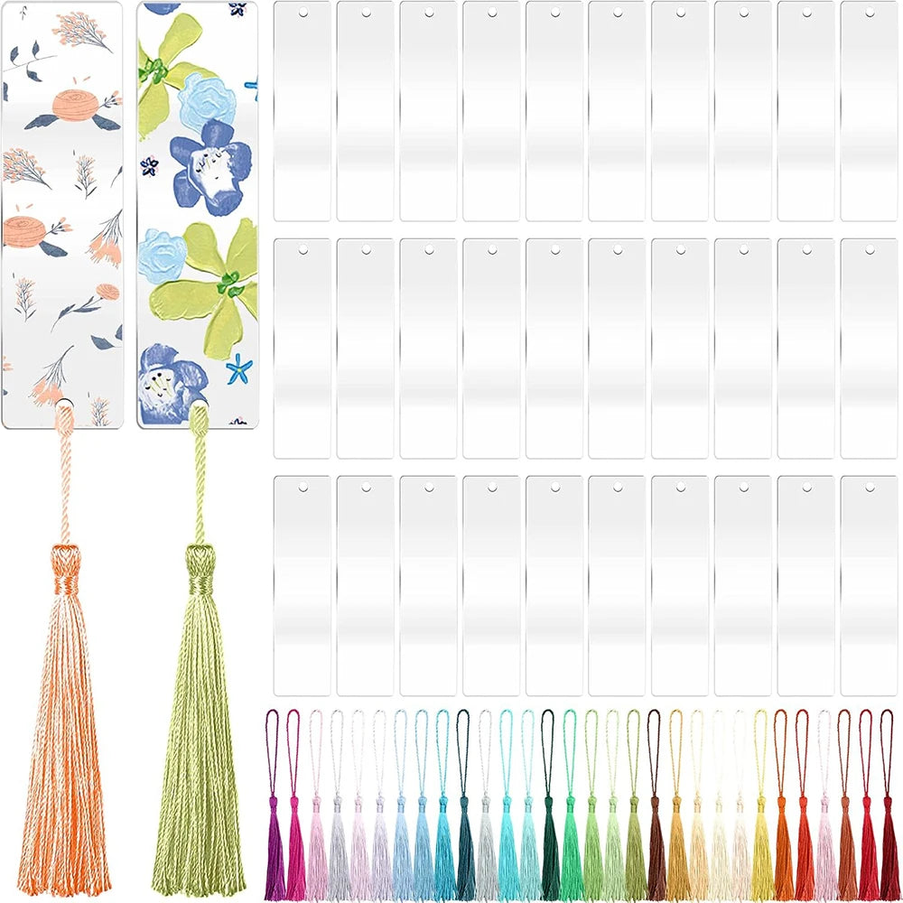 30Pcs Acrylic Bookmark Blanks Rectangle with Tassels Unfinished Transparent Acrylic Bookmarks Double Sided DIY Christmas Gift