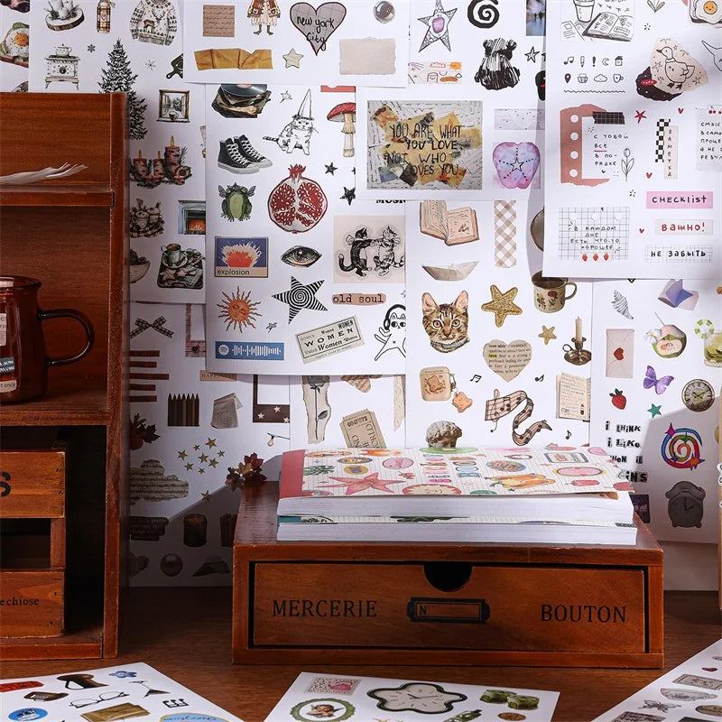 Moment Paper Scrapbooking Sticker Book 50 Different Patterns with Animals Plants Fruits Aesthetic Material for DIY Craft Plan