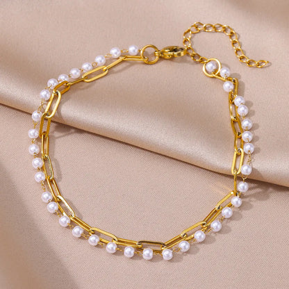Anklets for Women Summer Beach Accessories Stainless Steel Imitation Pearl Chain Anklet Gold Color Leg Bracelets Bodychain Gi