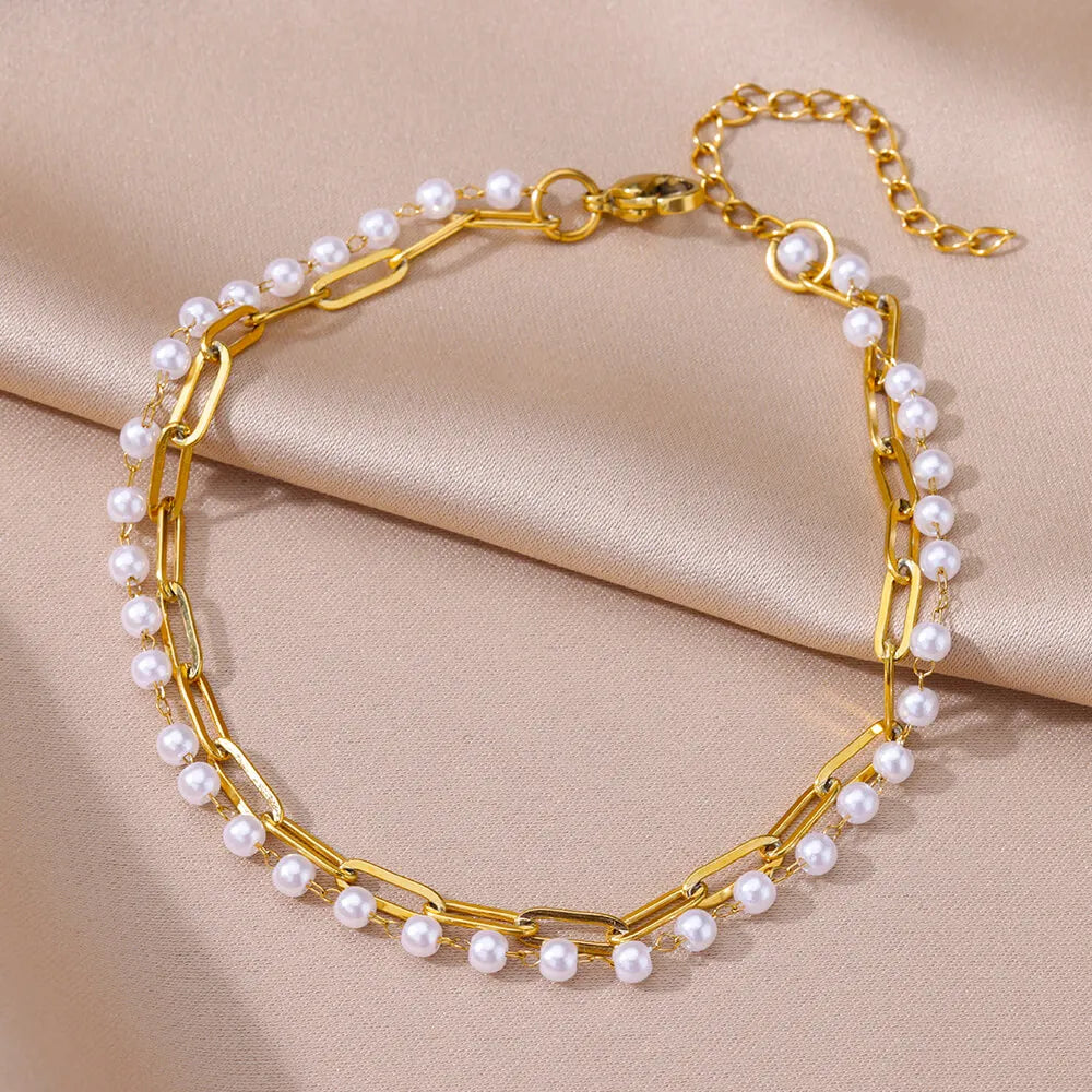 Anklets for Women Summer Beach Accessories Stainless Steel Imitation Pearl Chain Anklet Gold Color Leg Bracelets Bodychain Gi