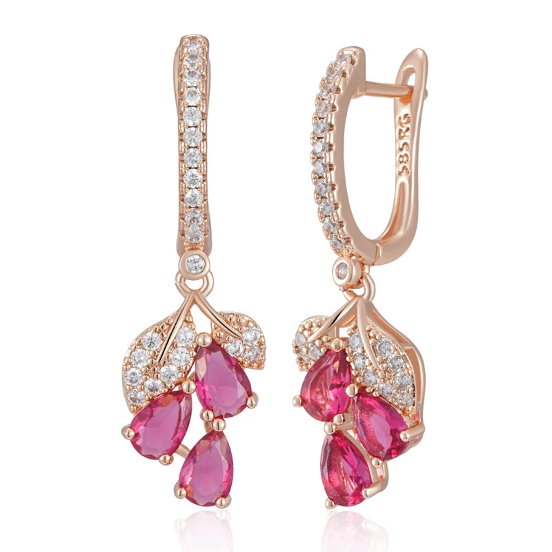 Wbmqda Red Pomegranate Flower Long Drop Earrings For Women 585 Rose Gold Color Luxury Elegant Zircon Jewelry Accessories