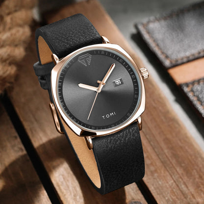 TOMI Men's Watch Minimalist Fashion Sports Watch Calendar Leather Casual Quartz Watch - Black gold