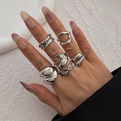 6Pcs/set Vintage Irregular Rings Set Geometric Metal Gold Silver Color Open Ring for Girls Women Men Goth Punk Couple Jewelry
