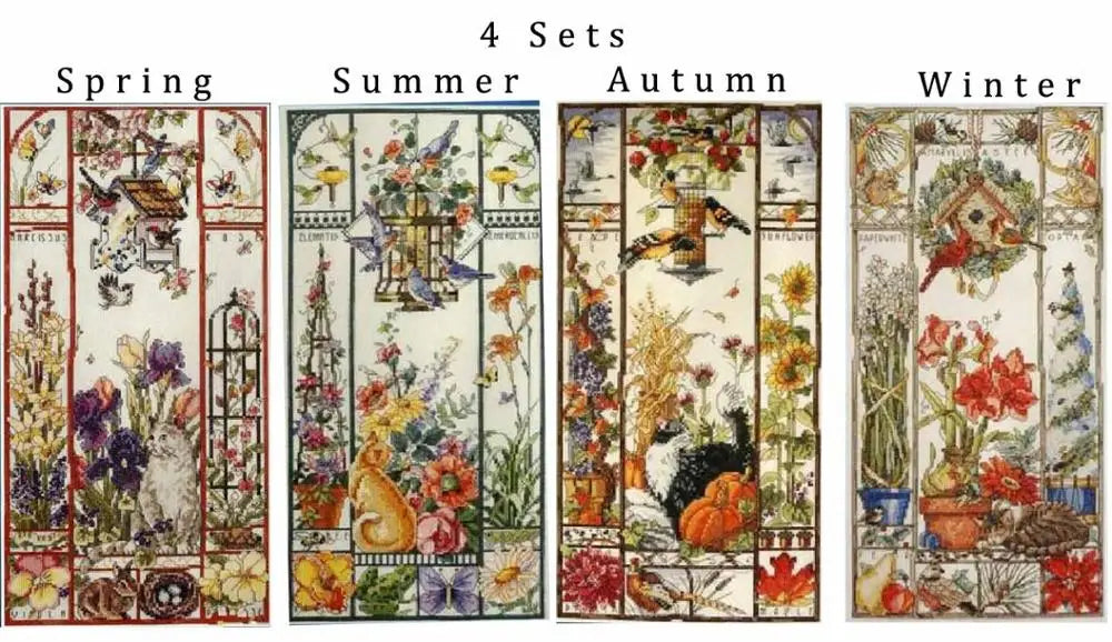 Gold Collection Lovely Counted Cross Stitch Kit Spring Summer Autumn Winter Cat Sampler Janlynn 023-0585 0580 0579, Season Ca