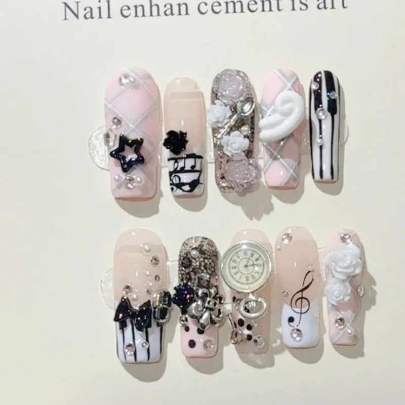 Musical Notes Retro Vintage Gyaru French Handmade Press On Nails 3D Rose Bow Pearl Pink Fake Nails Y2K Cute Long Coffin Nail 