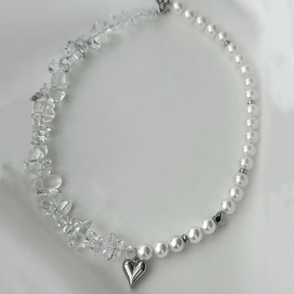 New Irregular Choker Vintage Zircon Heart Pendant Necklace For Women Female Pink & white Stone Chain Valentine's Gift N0548