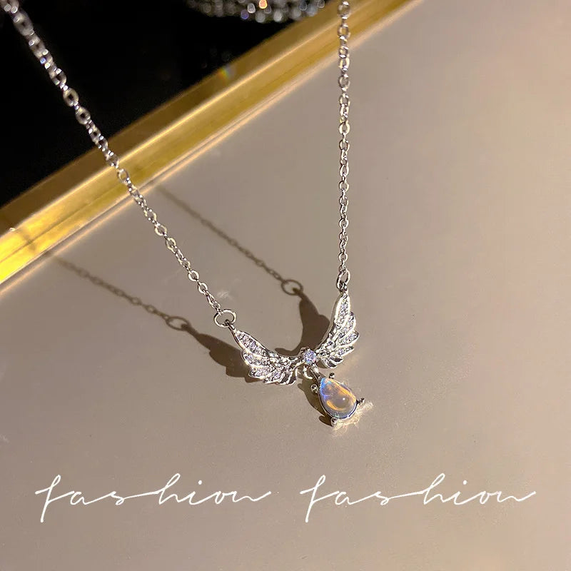 Y2K Crystal Bow Angel Wings Heart Pendant Necklace For Women Sweet Cool Girl Clavicle Chain Trendy Aesthetic Jewelry Accessor