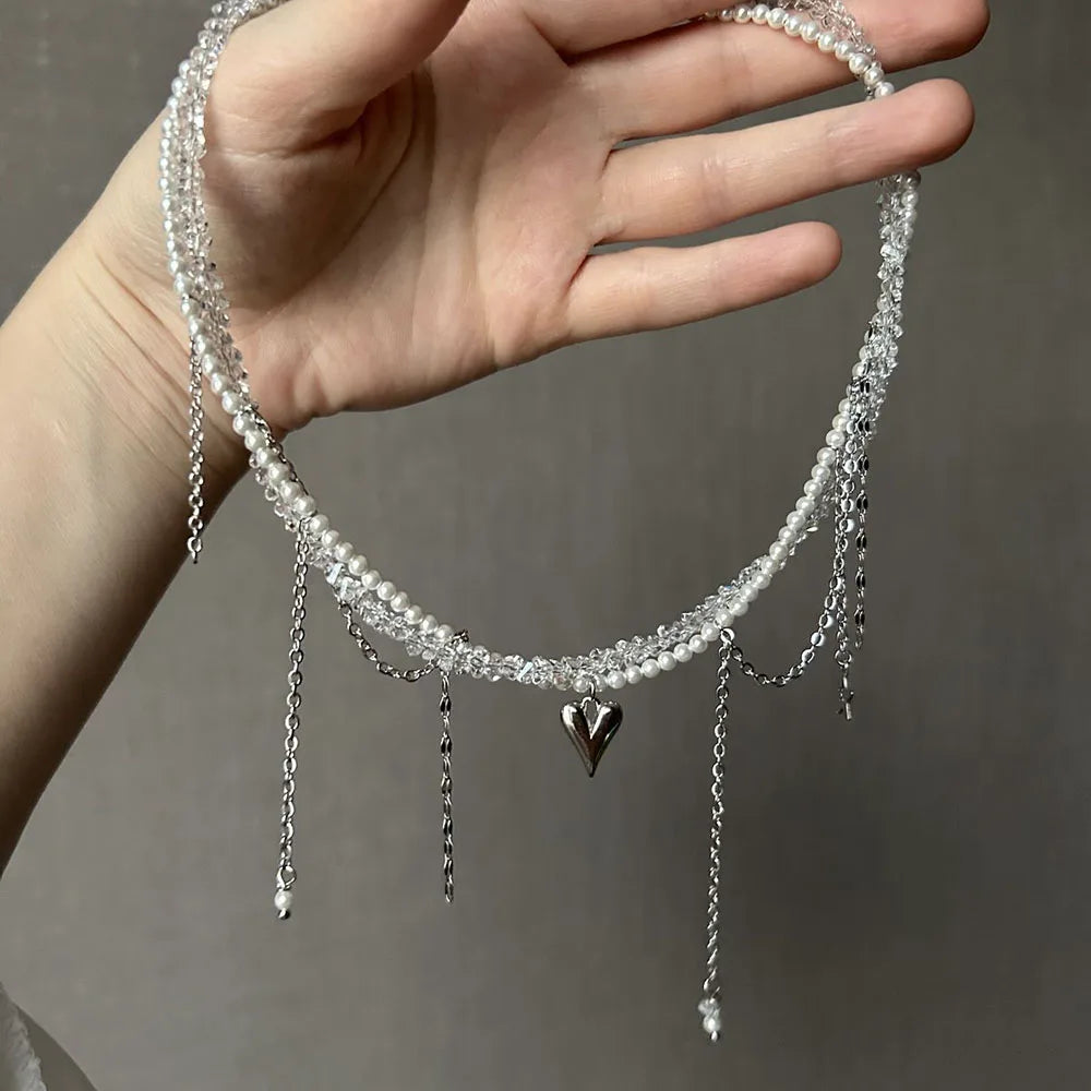 New Irregular Choker Vintage Zircon Heart Pendant Necklace For Women Female Pink & white Stone Chain Valentine's Gift N0548 -